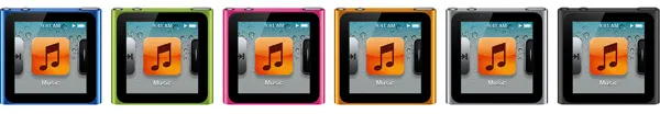 iPod nano (6th generation) — Product image supplied by Apple; pictured colours may vary. Resized and re-encoded for this catalogue.