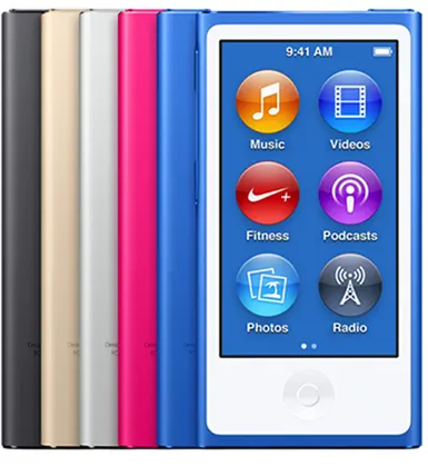 iPod nano (7th generation Mid 2015) — Product image supplied by Apple; pictured colours may vary. Resized and re-encoded for this catalogue.