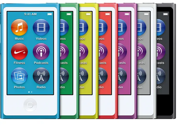iPod nano (7th generation) — Product image supplied by Apple; pictured colours may vary. Resized and re-encoded for this catalogue.